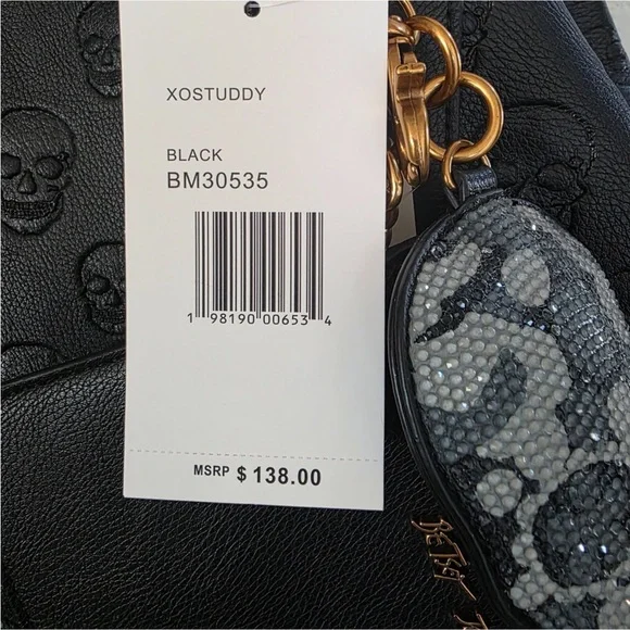 BETSEY JOHNSON Large Skull Embossed Studded XOSTUDDY Tote Bag Black Charm - Picture 13 of 16